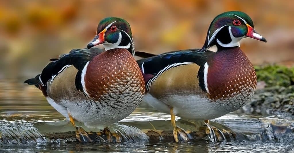 Wood ducks standing in water.