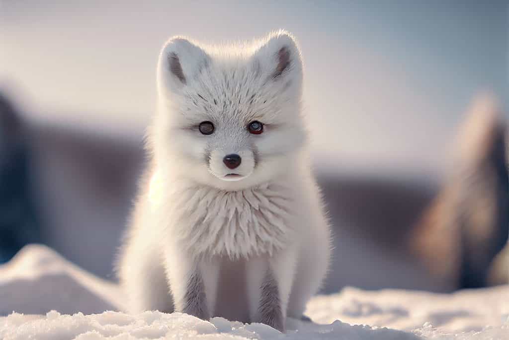 A cute little arctic fox pup stands in the snow.