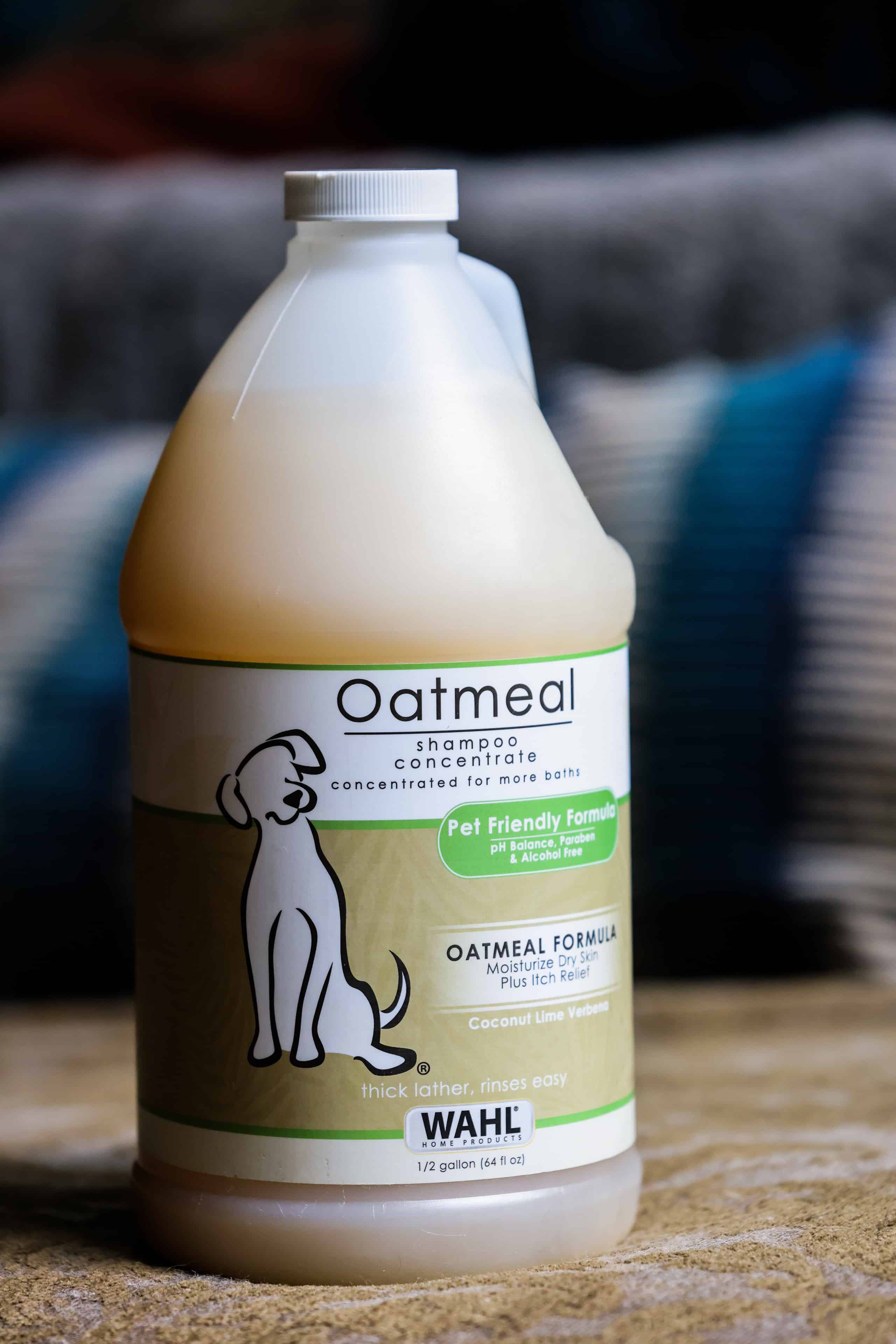 A bottle of WAHL oatmeal formula dog shampoo