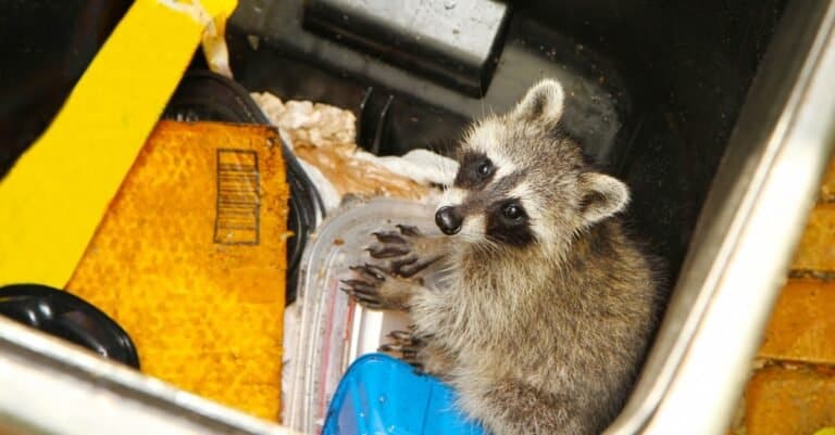 raccoon fidgeting in the trashcan