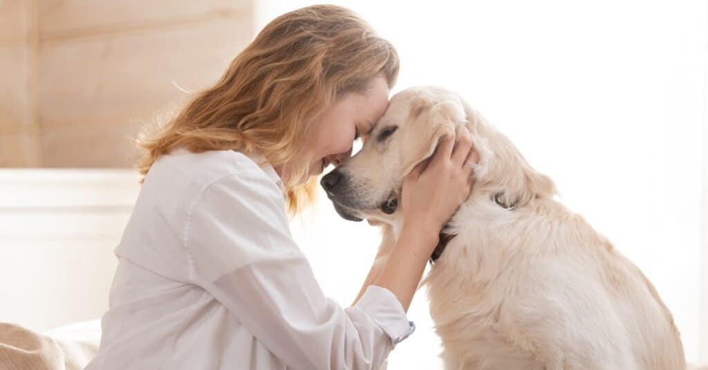 A woman calms her dog