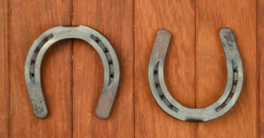 metal horseshoes on wooden table