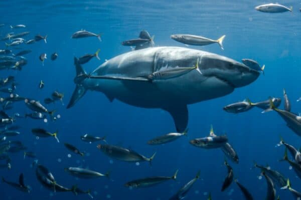 Great white sharks eat seals, sea lions, dolphins, and fish, among other animals. They are carnivores