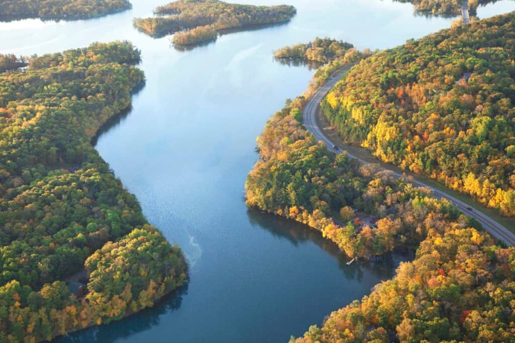 Aerial shot of a road along the Mississippi River