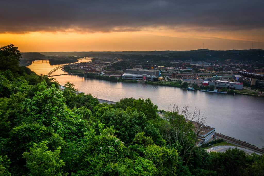 Sunset view over the Ohio River in Pittsburgh, Pennsylvania.