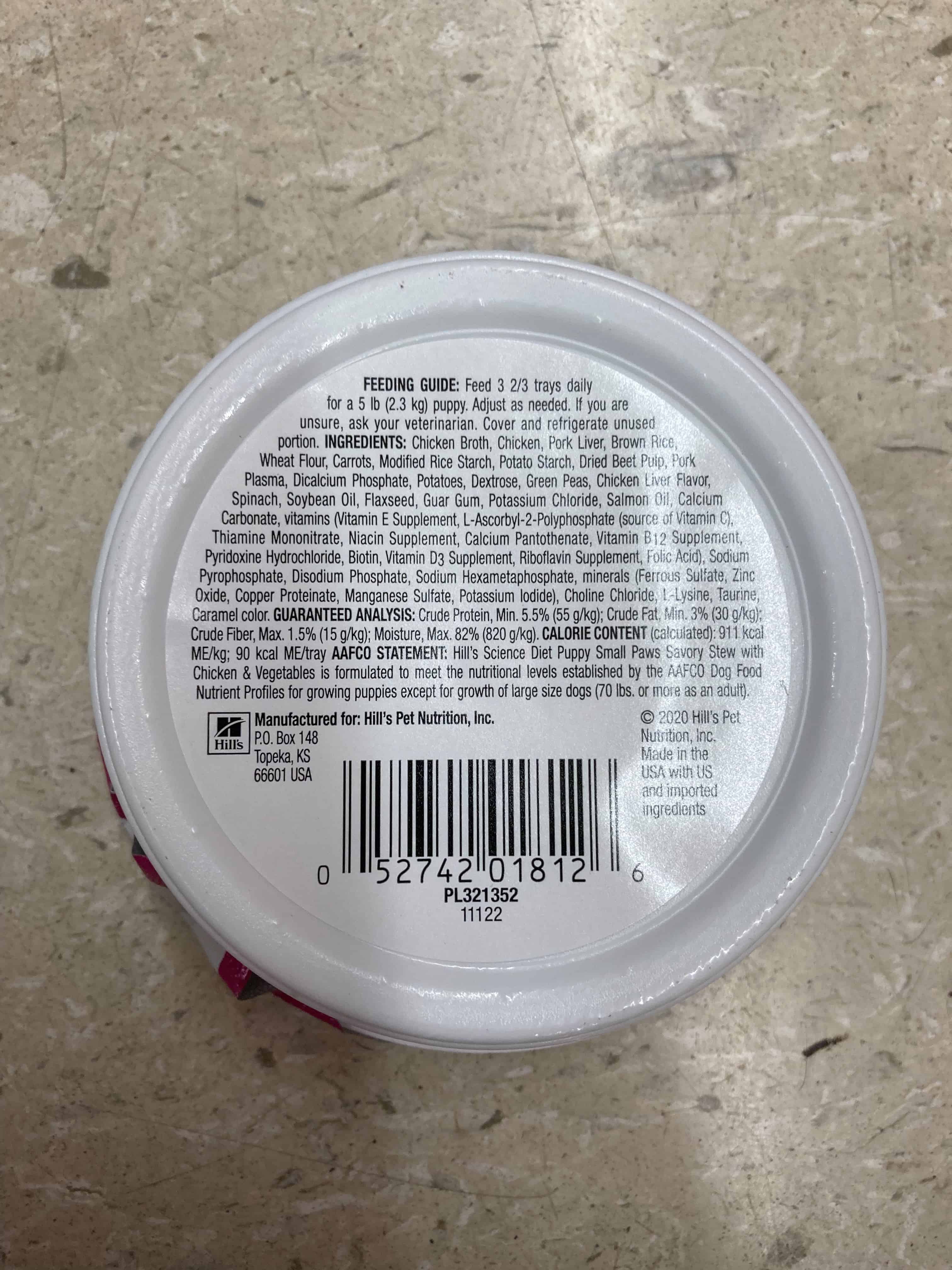 The ingredient label of Hill's Science Diet soft food