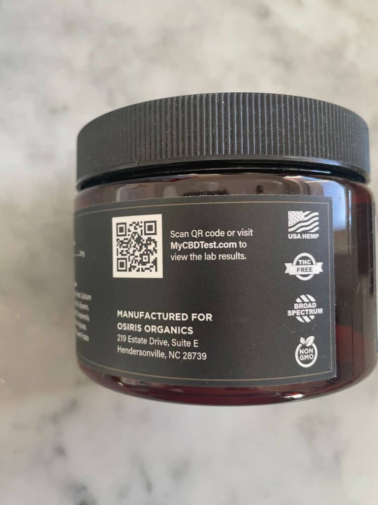 The rear label of an Osiris Organics jar.