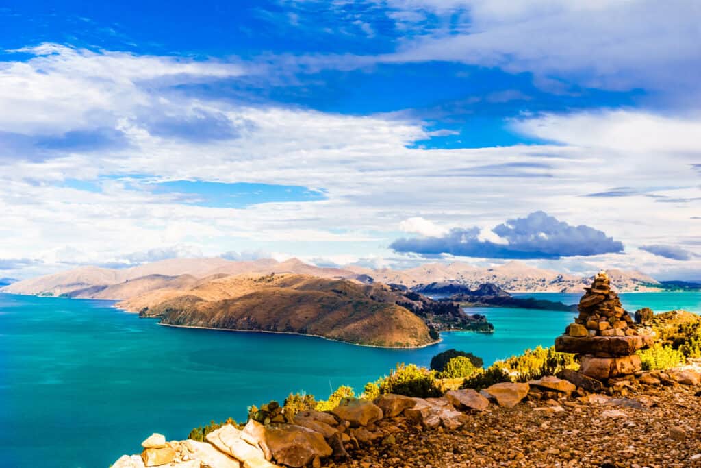 View on remote landscape on Isla del Sol by Lake Titicaca - Bolivia