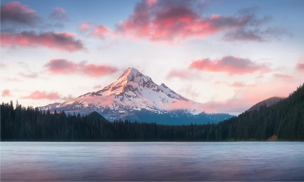Mount Hood reflecting in Lost Lake at sunrise