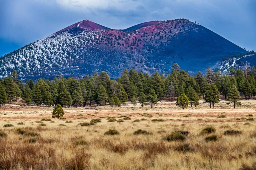 Sunset Crater Volcano with a grassy foreground