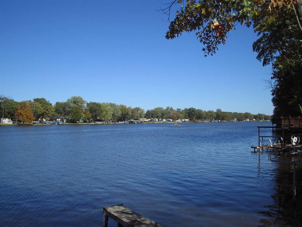 Blue waters of Monticello Lake in South Carolina, a popular spot for fishing.