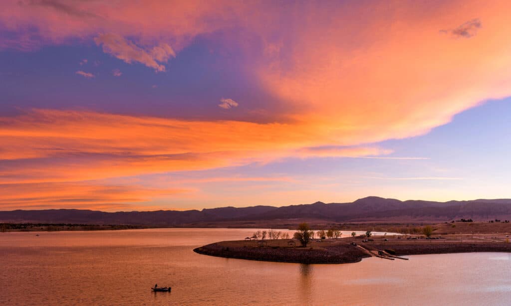 A sunset photo of Chatfield Reservoir