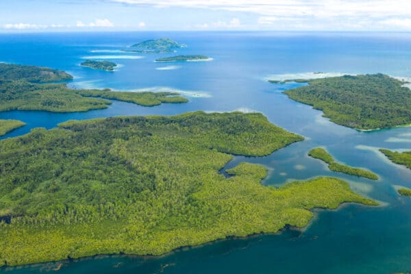 Aerial view of islands near Goragosele passage in south Choiseul, Solomon Islands.