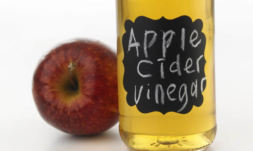 A hand-labeled bottle of apple cider vinegar next to an apple
