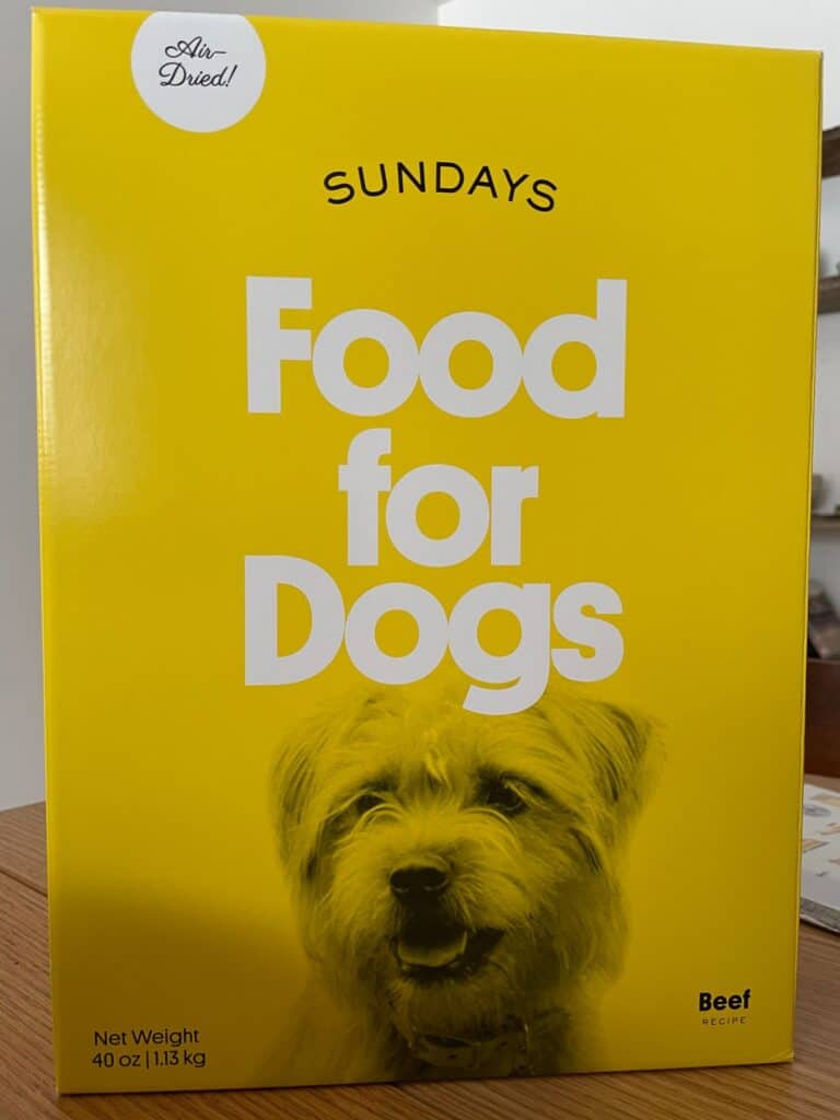 Sundays dog food in a yellow box