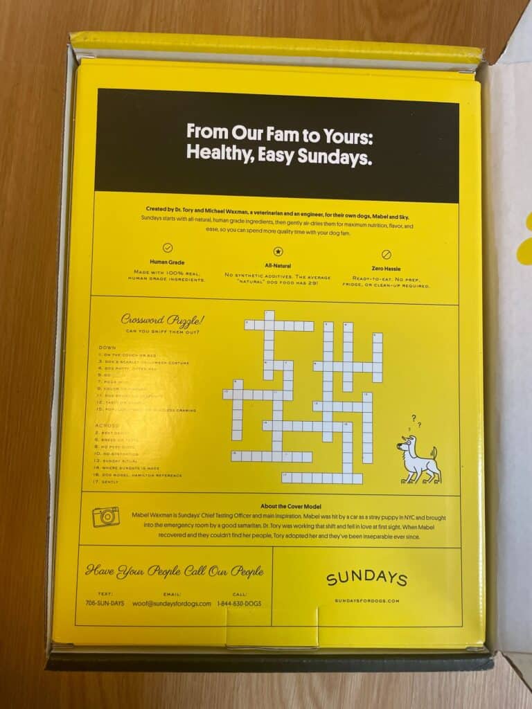 A crossword puzzle on the inside of Sundays dog food