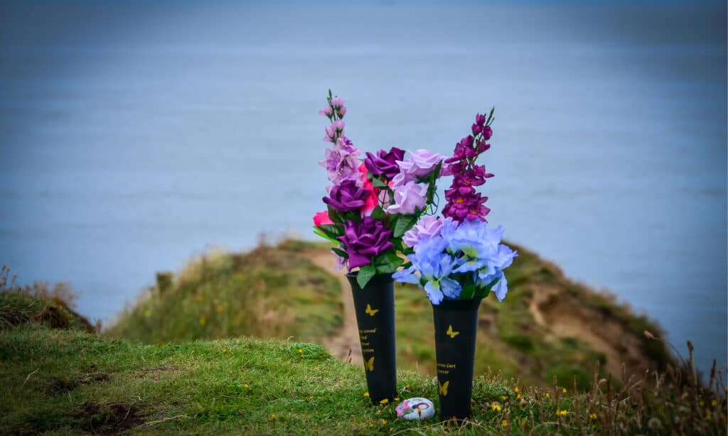 Flowers in vases overlooking the sea
