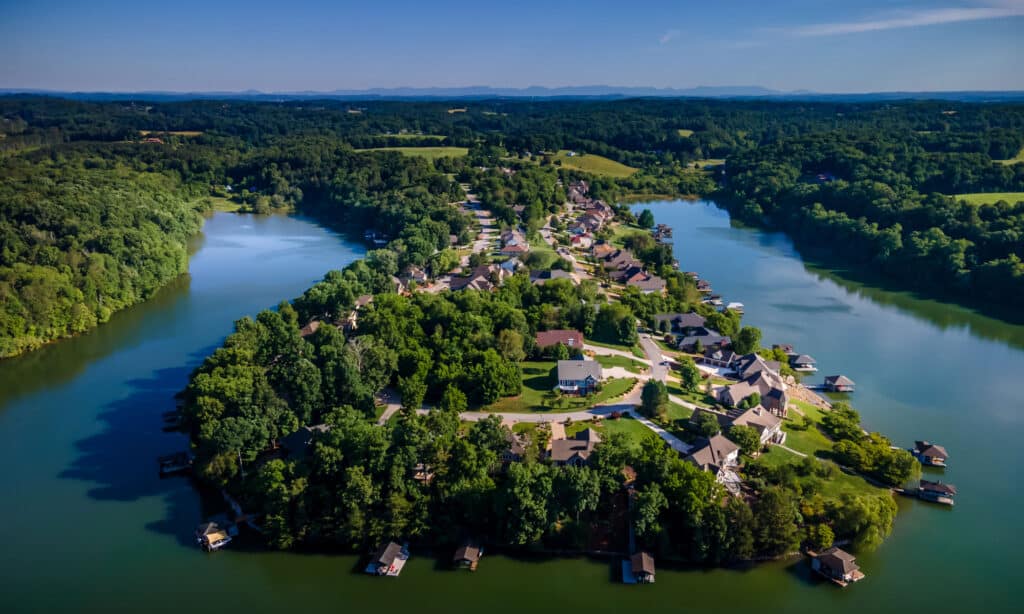 A view of homes around Tellico Lake, Tennessee.