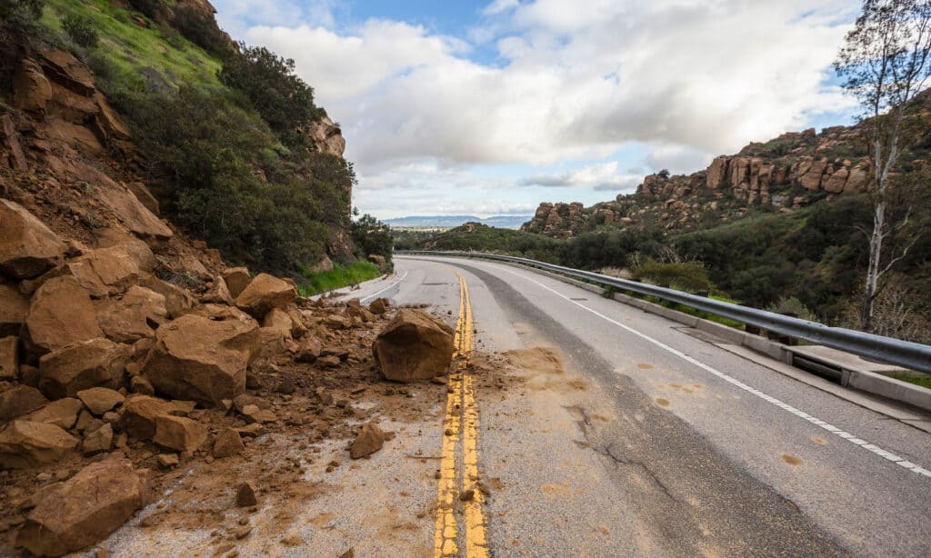 Storm related landslide blocking Santa Susana Pass Road in Los Angeles, California.