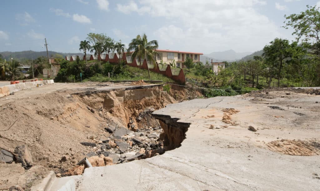 Mud slide on Puerto Rico road after Hurricane Maria stock photo