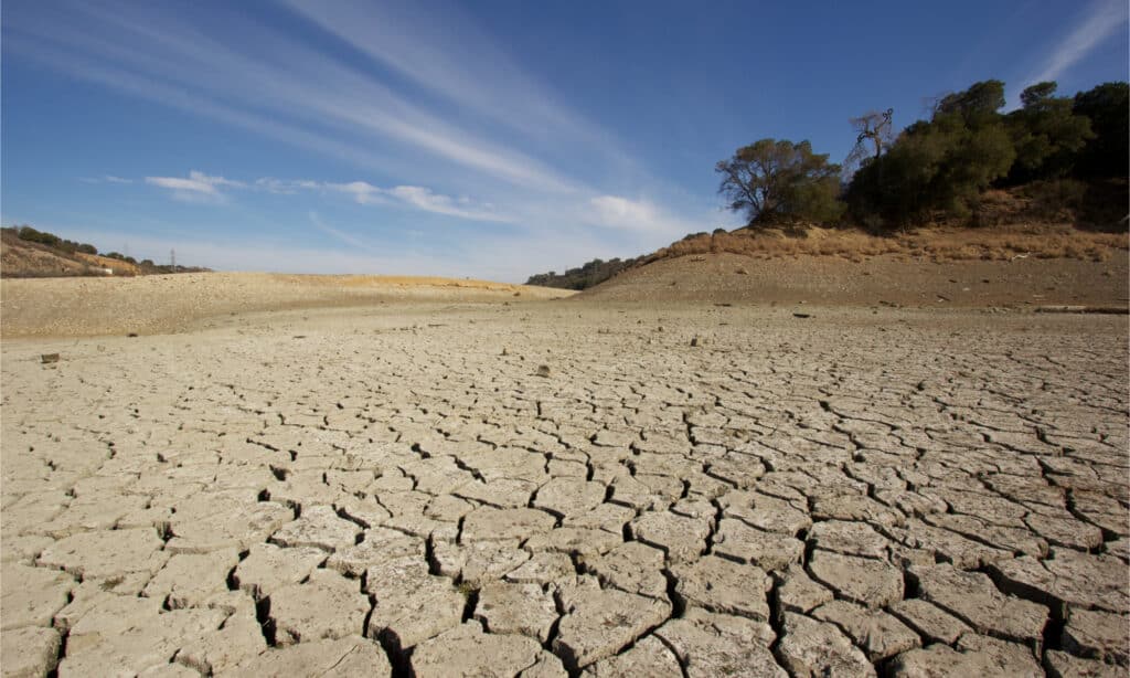 A dramatic south-looking view of Stevens Creek reservoir in California during a drought