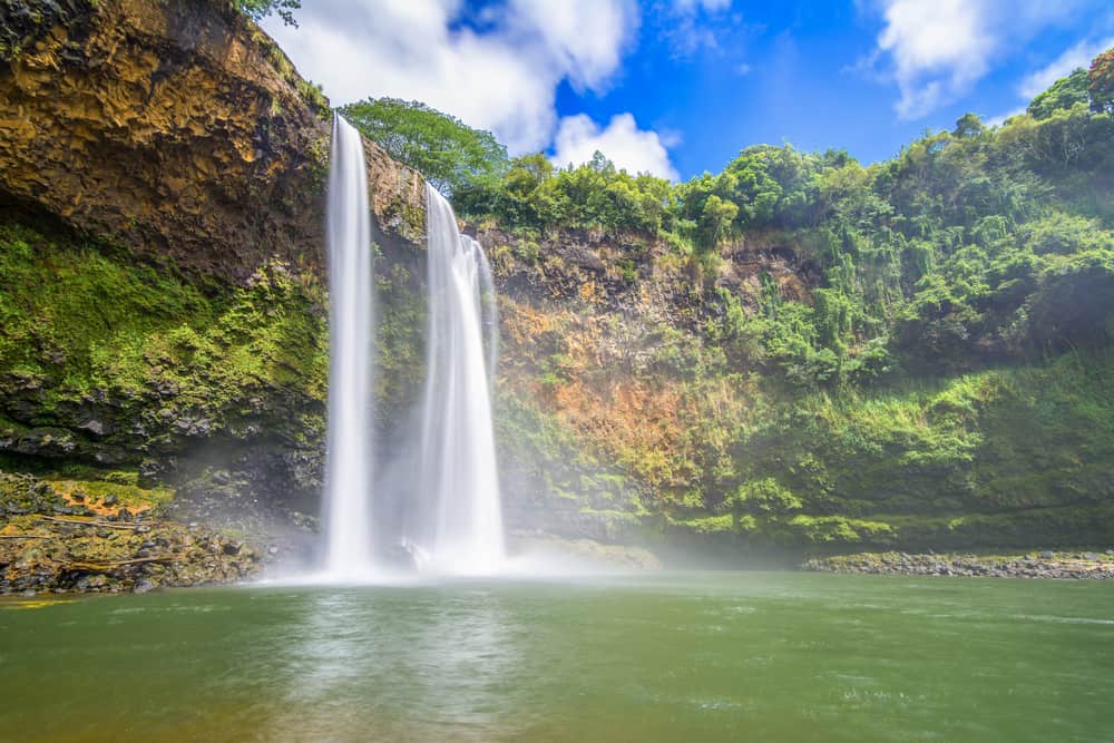 Amazing Twin Wailua Falls on Kauai, Hawaii