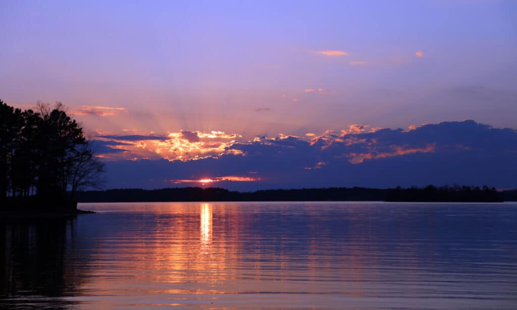 Dusk view of Lake Hartwell in South Carolina, a popular fishing destination.