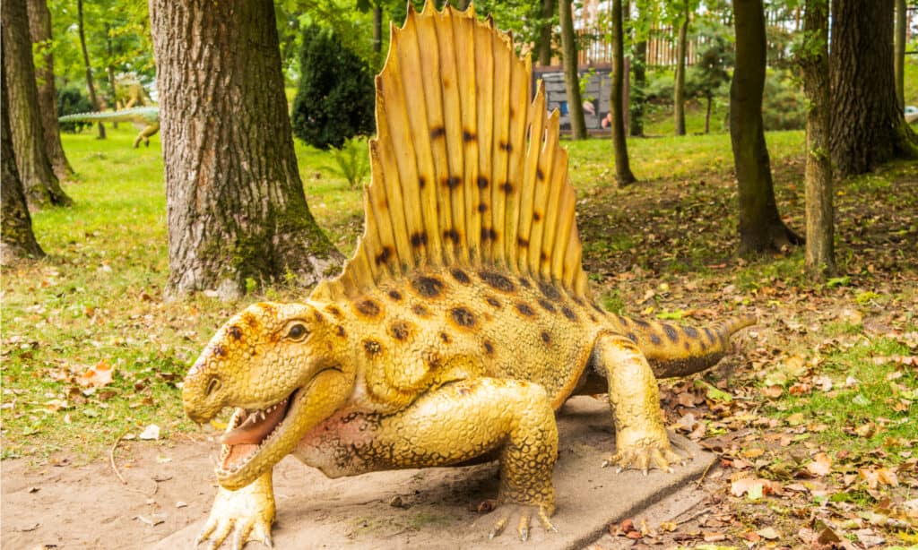 Dimetrodon sculpture in Zaurolandia dinosaur park, Rogowo, Poland.