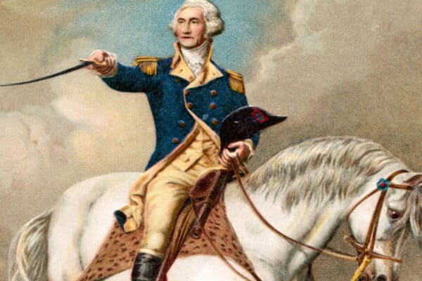 Illustration of George Washington on his horse.