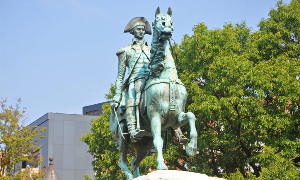President George Washington statue in Washington Circle in Washington.