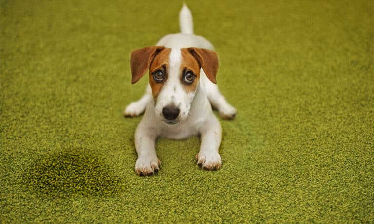 Guilty dog next to urine on carpet