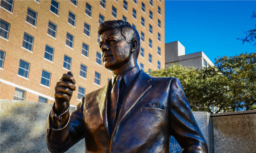 Bronze statue of President John F. Kennedy in Fort Worth, Texas commemorating his last day on earth.