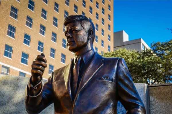 Bronze statue of President John F. Kennedy in Fort Worth, Texas commemorating his last day on earth.