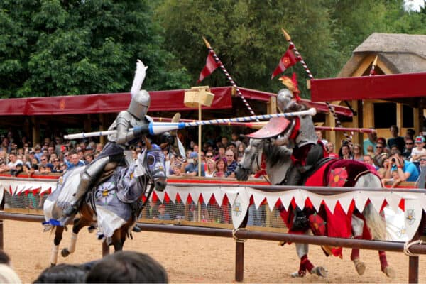 Jousting tournament and medieval re-enactment of the Wars of the Roses at Warwick Castle.