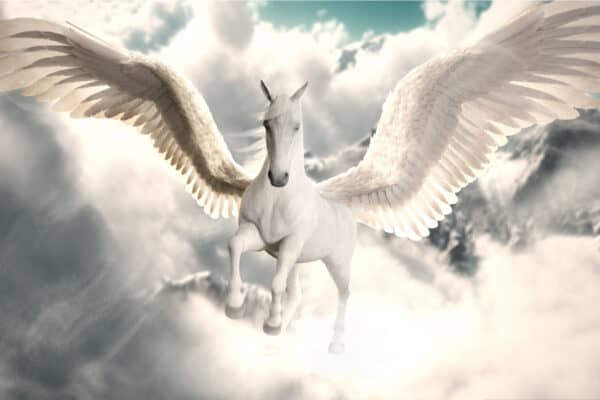 Pegasus flying in sky.