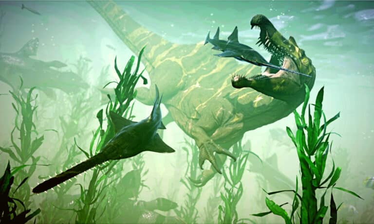 Spinosaurus hunting a group of Onchopristis. Spinosaurus was a carnivore, preferring fish.