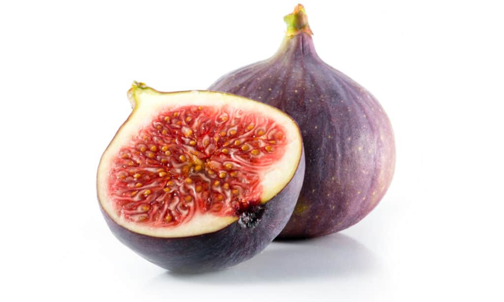 Halved and one whole fig isolated on white background