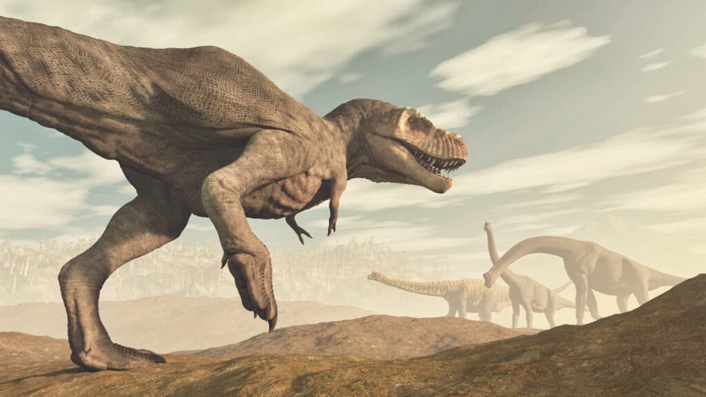 3D rendering of a T Rex in the foreground and three brachiosaurus in the background