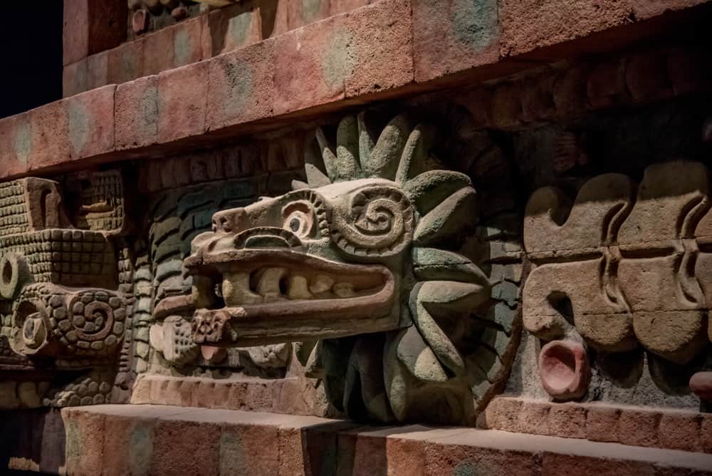Carving details of Quetzalcoatl Pyramid at Teotihuacan Ruins