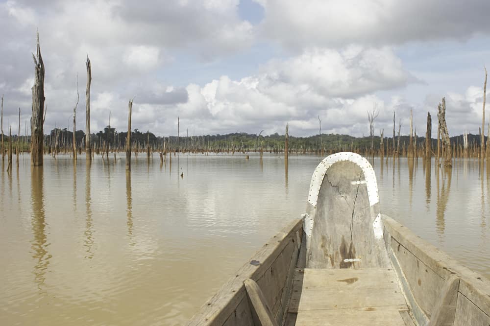 Surinam'daki Brokopondo rezervuarında gezinen sığınak kanosu.