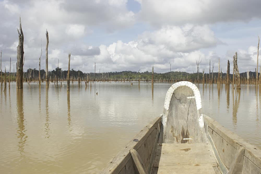 Dugout canoe navigating the Brokopondo reservoir, Suriname.