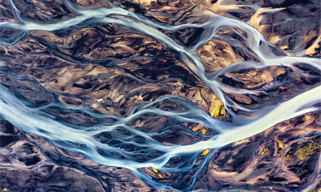 Colorful River Aerial taken in Southern Iceland