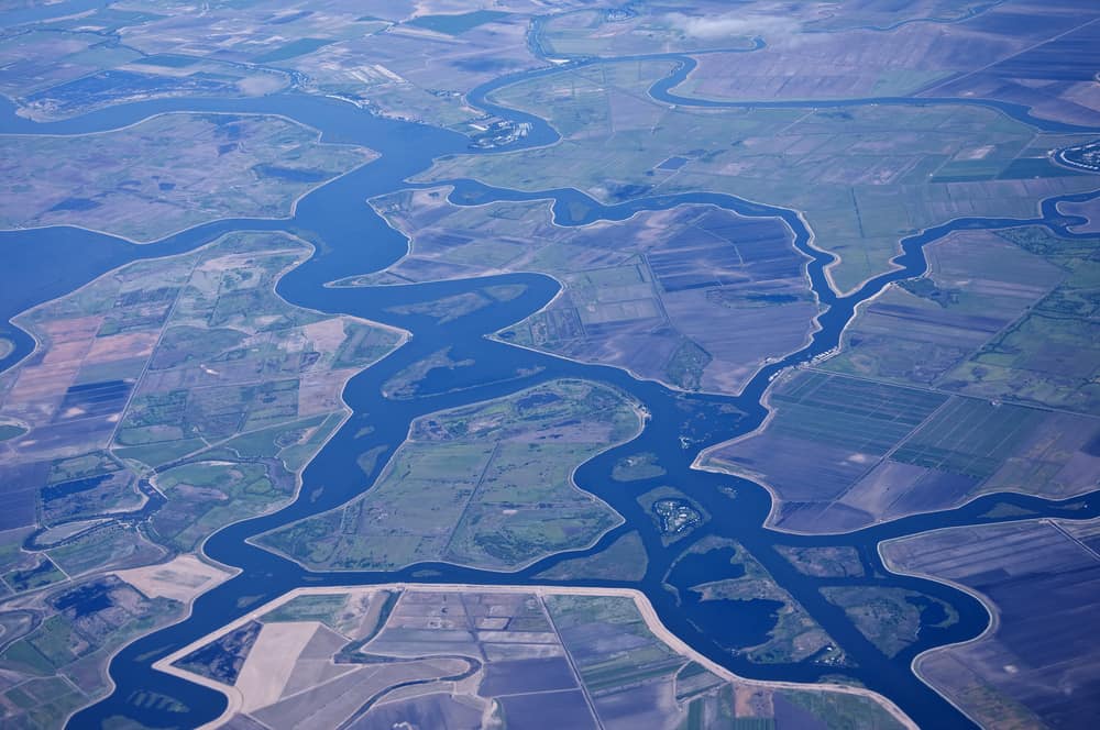 An aerial view of the Sacramento - San Joaquin River Delta, California, USA