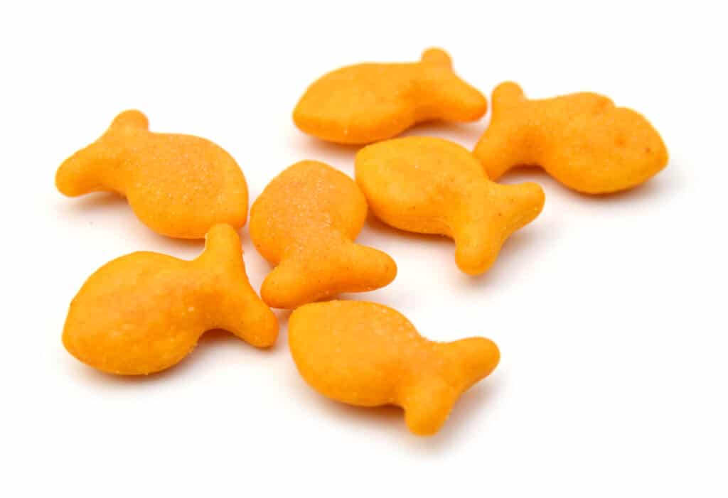 7 Goldfish crackers on a white background