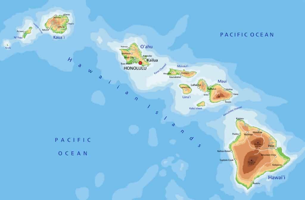 Labeled color topographic map of the Hawaiian Islands.
