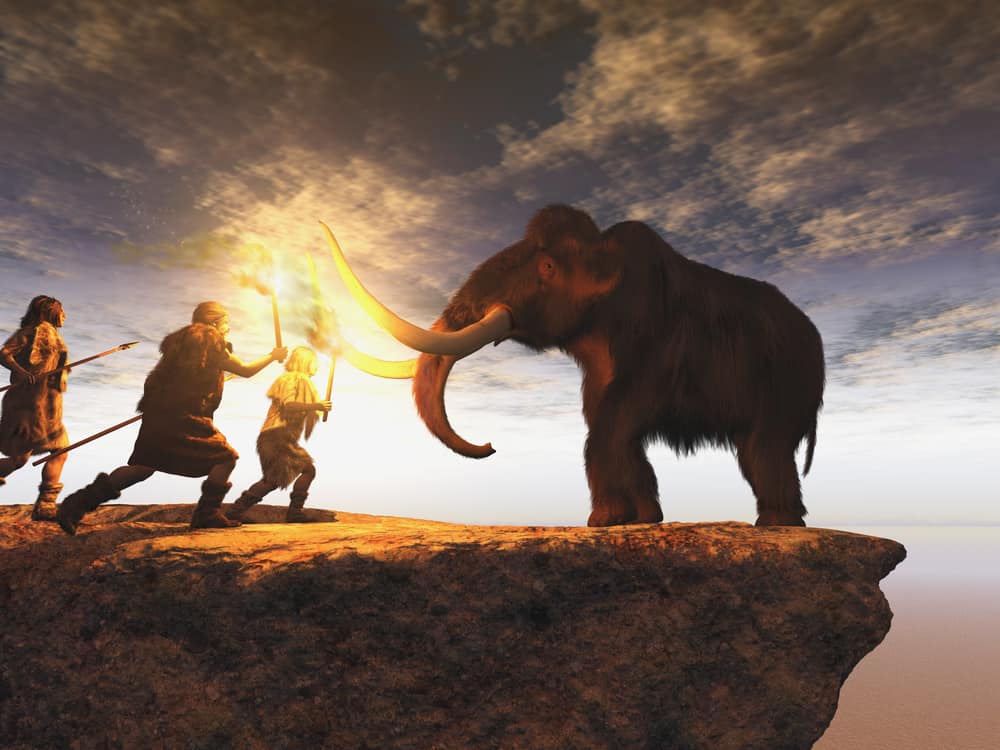 3d illustration of prehistoric men hunting a young mammoth