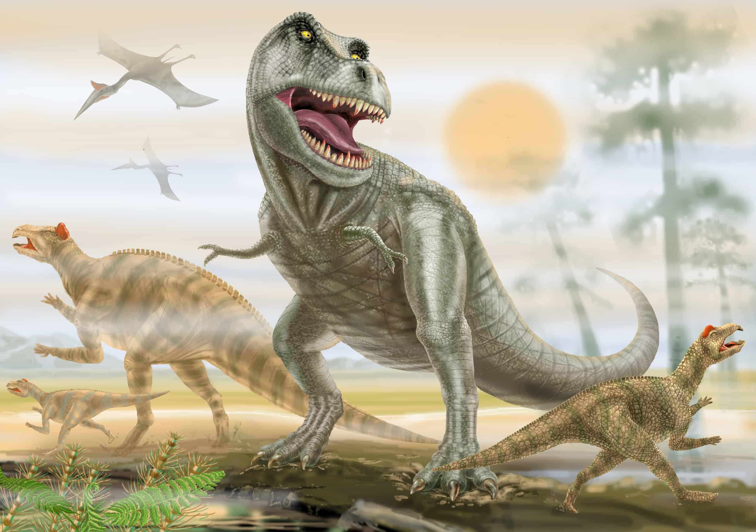 T-rex threatens a family of Edmontosaurus