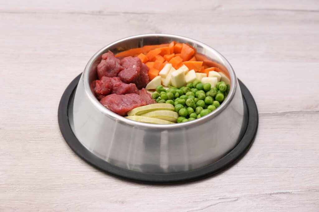 dog bowl with peas in it