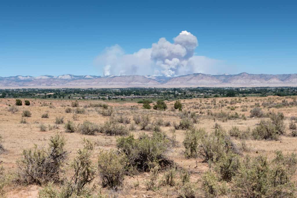 smoke rises from the Bookcliffs near Grand Junction, Colorado in the Pine Gulch fire