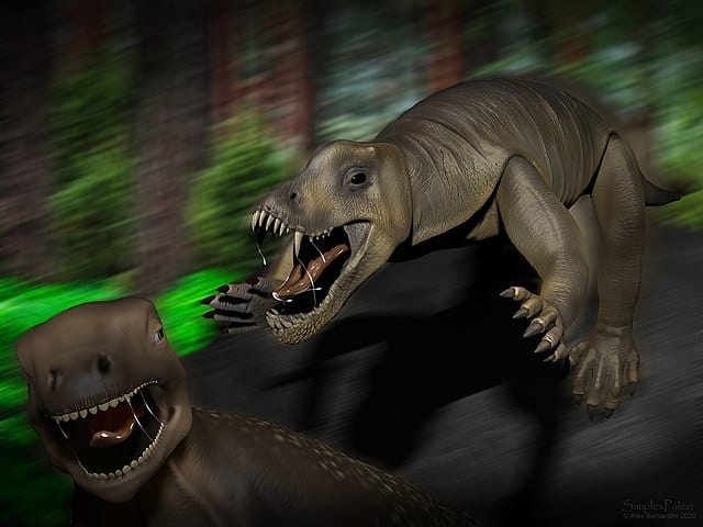 3D rendering of Anteosaurus fighting another large reptile